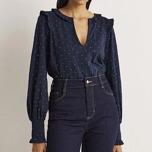 NWT Boden Notch Neck Smocked Frill Blouse Navy gold polka dot 6 fall holiday